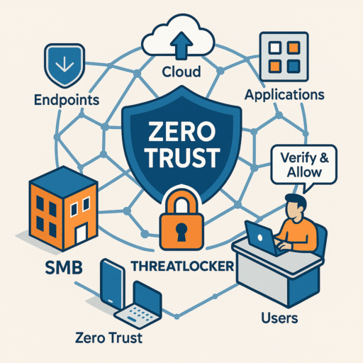 Zero Trust security protecting a small business network using ThreatLocker across endpoints, cloud, and users