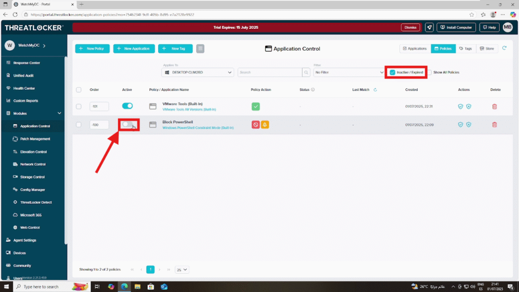 enable application control in ThreatLocker