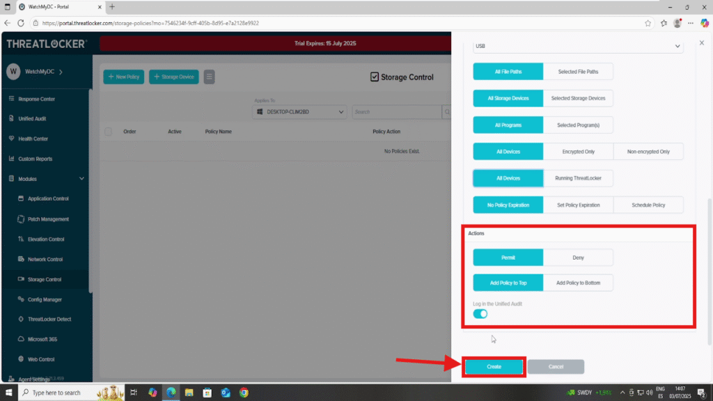 0105 enable USB control in ThreatLocker