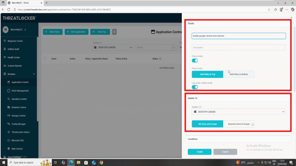0202 isolate an application from the network in ThreatLocker