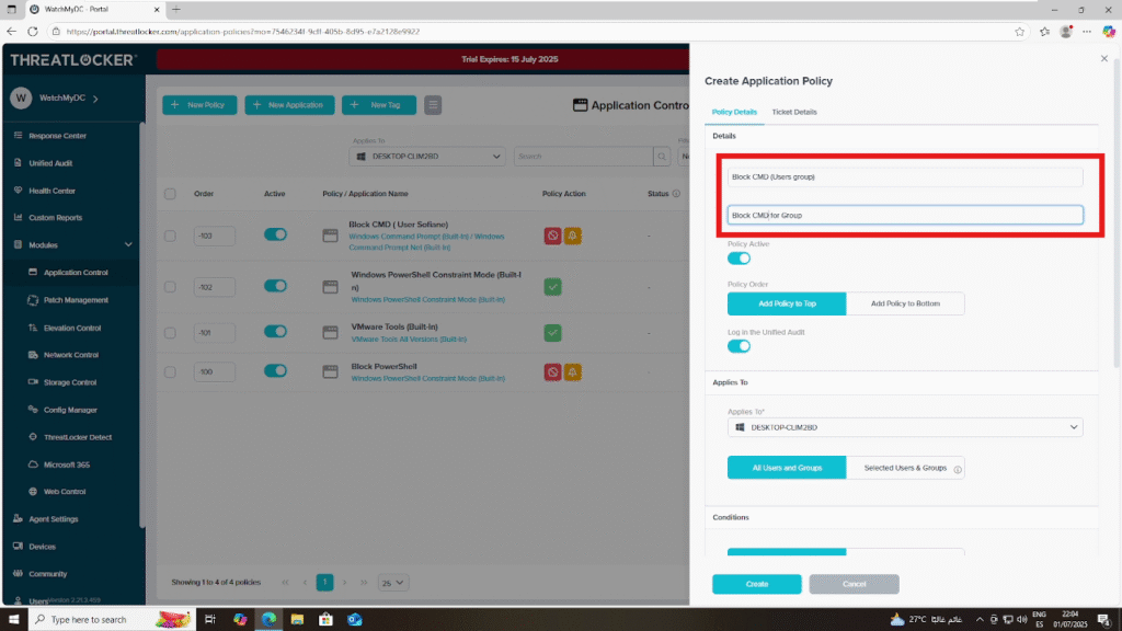 create a policy for a user group