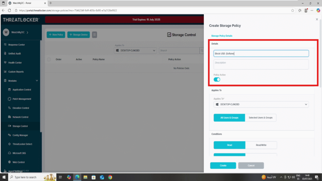 create storage policies for specific users in ThreatLocker