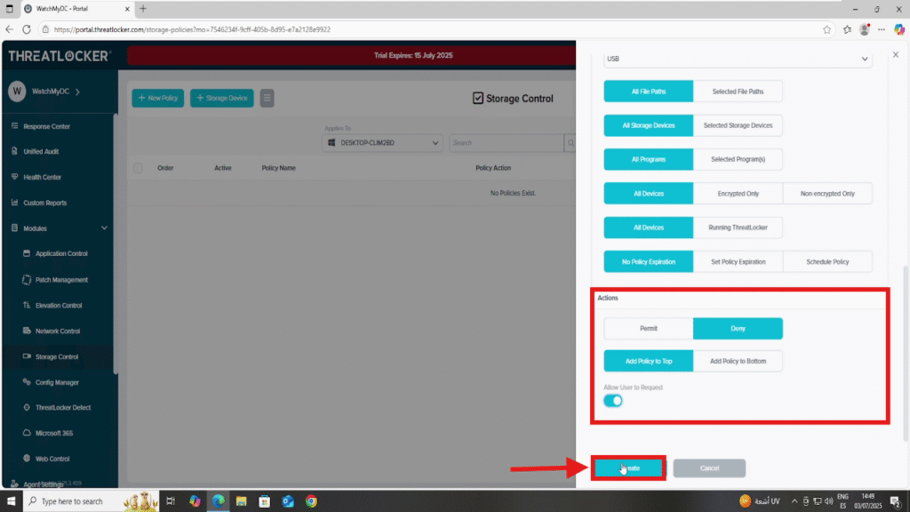 create storage policies for specific users in ThreatLocker