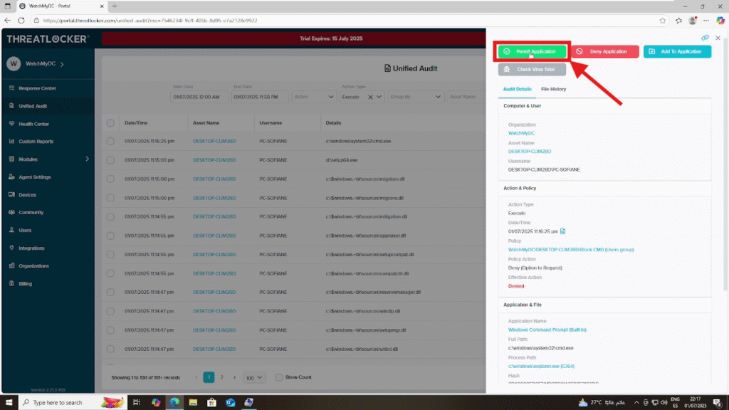 whitelist an executable file