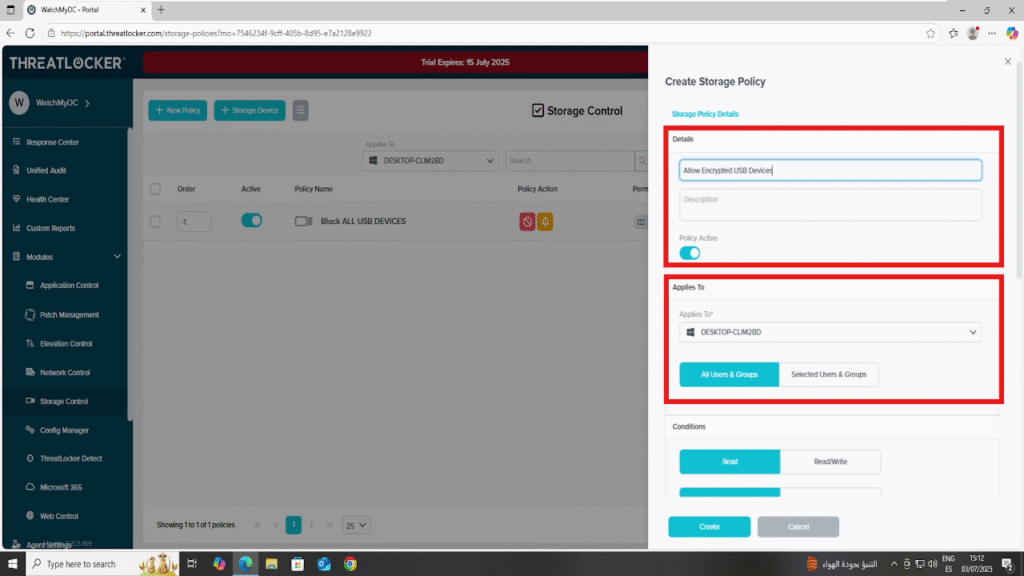 enforce encryption on removable storage in threatlocker
