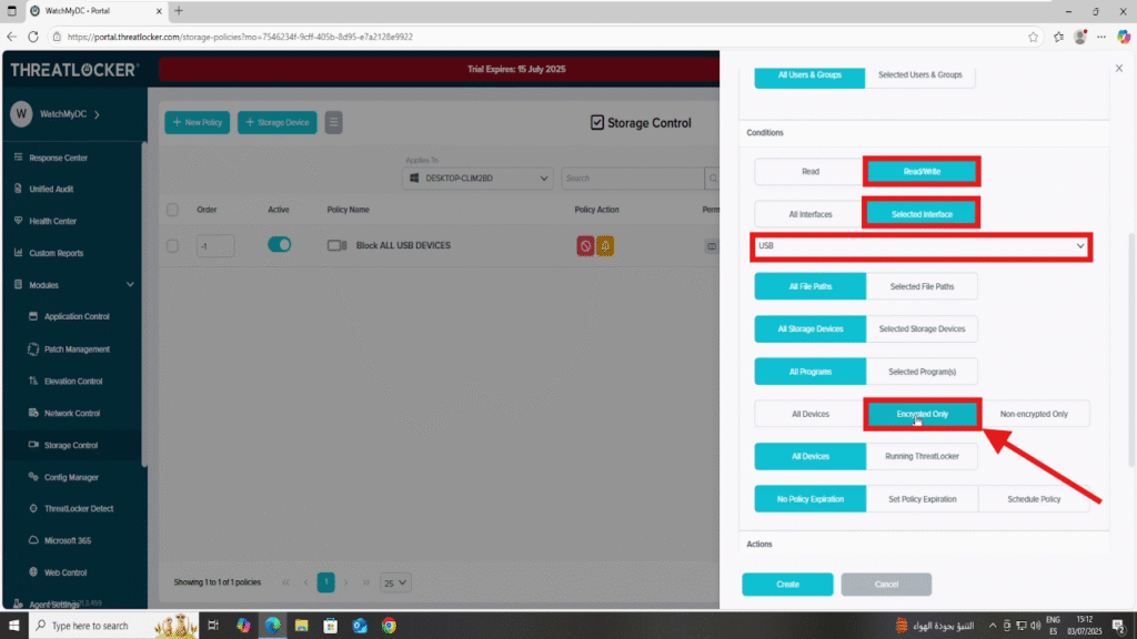 enforce encryption on removable storage in threatlocker