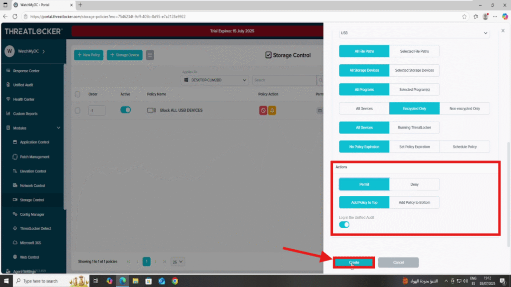 enforce encryption on removable storage in threatlocker