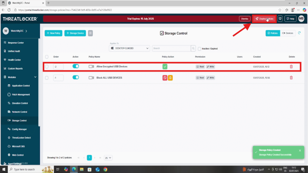 enforce encryption on removable storage in threatlocker
