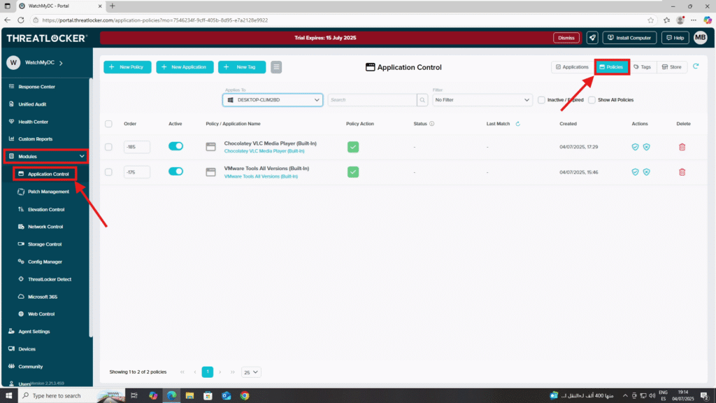 0101 view current policy status in ThreatLocker