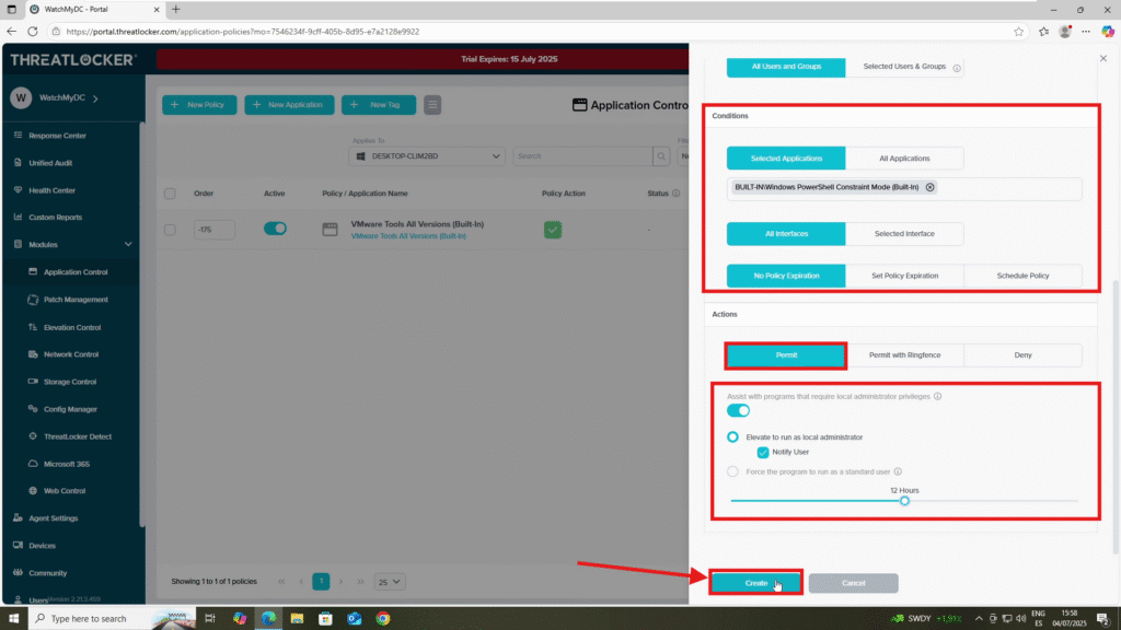 0103 enable elevation control in ThreatLocker