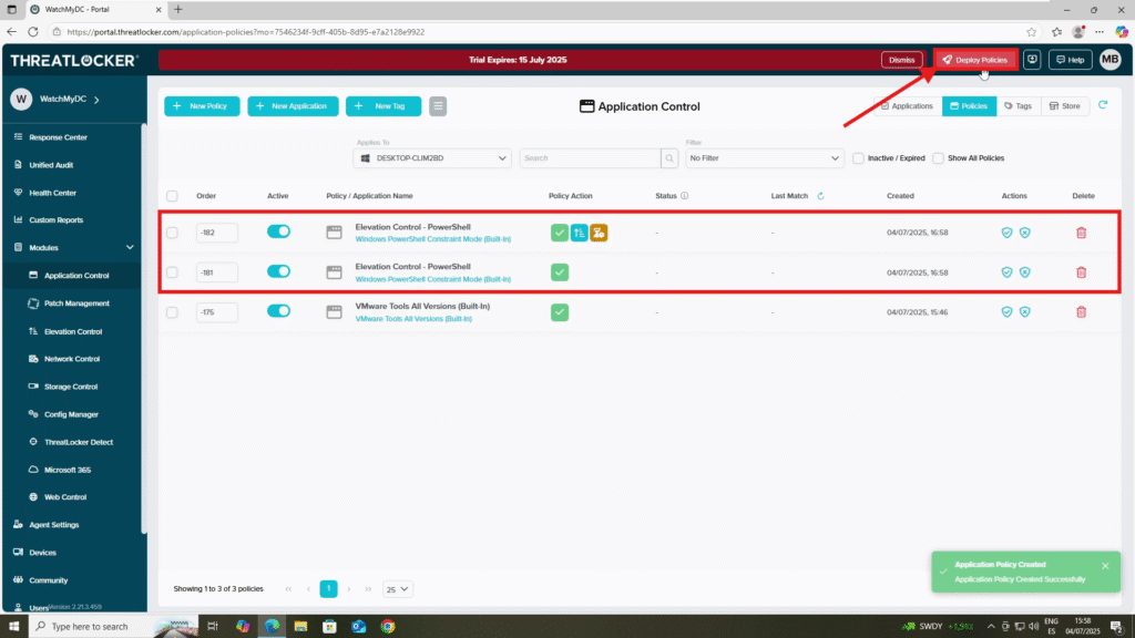 0104 enable elevation control in ThreatLocker