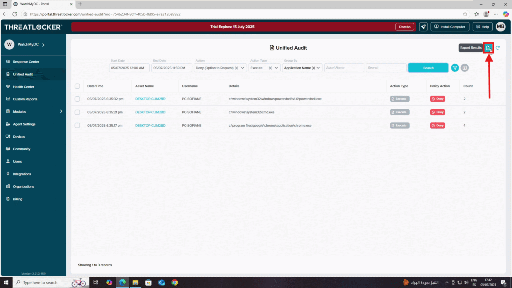 export event logs in ThreatLocker