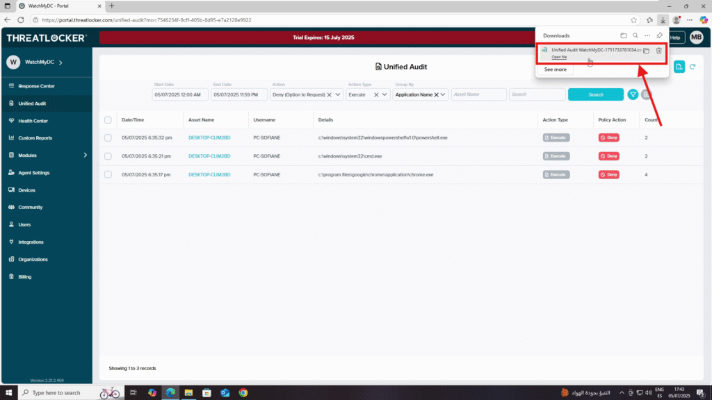 export event logs in ThreatLocker