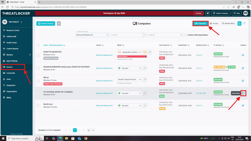 add a note to a device in ThreatLocker