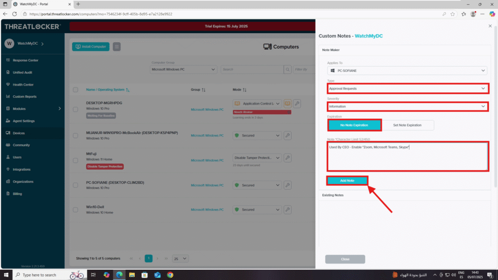 add a note to a device in ThreatLocker