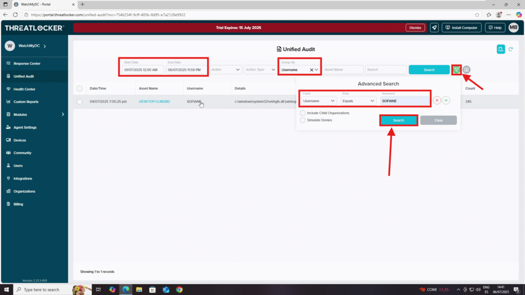 filter logs by user or application