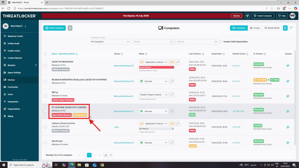 0803 restart the agent on a device in ThreatLocker