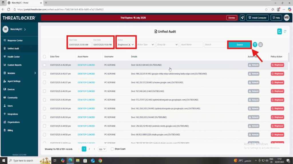 audit ringfencing activity in ThreatLocker