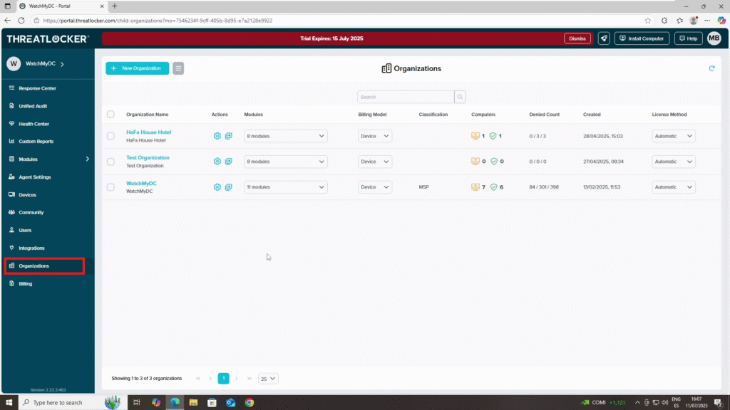 manage organizations and child organizations in ThreatLocker