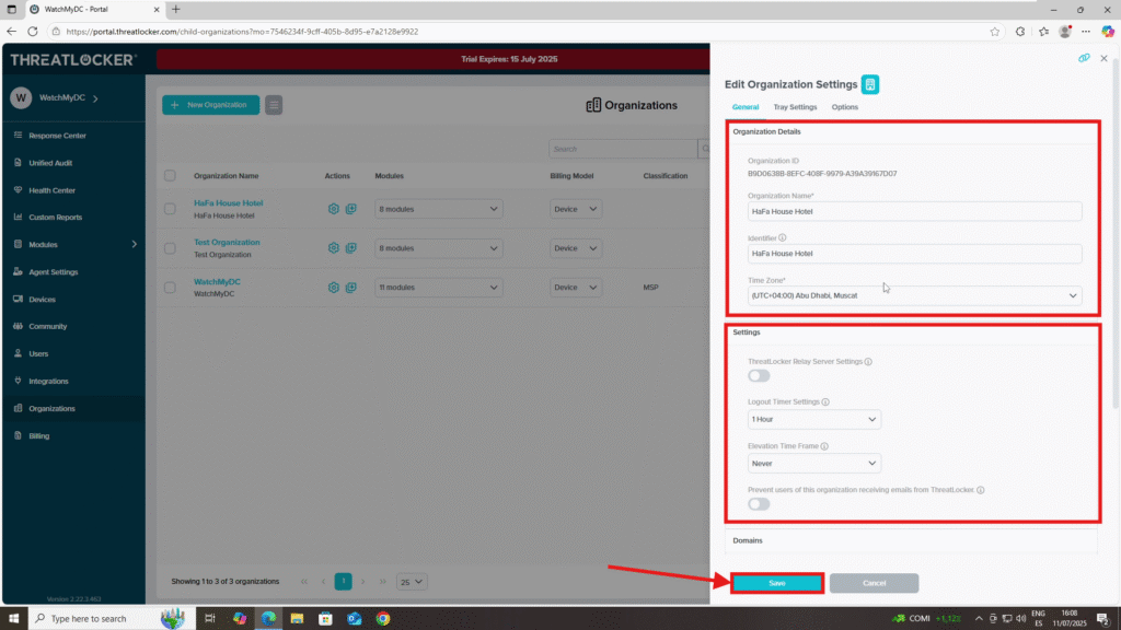manage organizations and child organizations in ThreatLocker