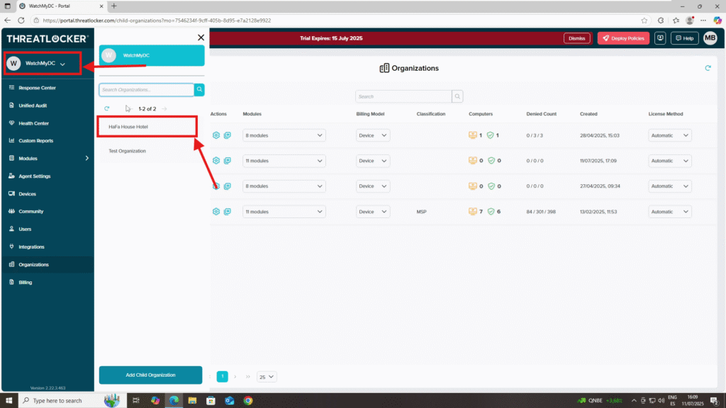 manage organizations and child organizations in ThreatLocker